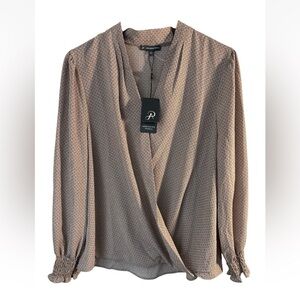 Adrianna Papell Taupe Geometric Wrap Blouse